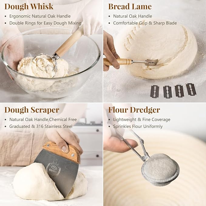Sourdough Starter Kit, 9" Round & 10" Oval Banneton Bread Proofing Baskets Set with Jar, Sourdough Bread Baking Supplies Bread Making Tools, Sourdough Kit Gifts for Bakers Women