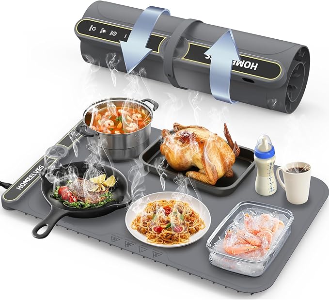 Food Warming Mat, Rapid Heating Electric Warming Tray with 9 Temp Setting and 6 Hours Timer, Foldable Warming Mat for Food, Portable Food Warmers for Parties Buffet, Gray
