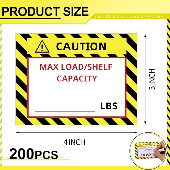 Zhanmai 200 Pcs Pallet Rack Capacity Labels 3 x 4 Inches Pallet Racking Caution Max Load Shelf LBS Warning Stickers Bright PVC Industrial Strength Sticker Warehouse Safety Forklift Cross Beam Safety