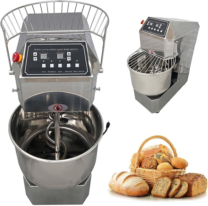 20QT Commercial Stand Dough Mixer Double Action Fast and Slow Speed Spiral Electric Flour Mixing Machine for Professional Bread Making Kneading Machine with Speed Time Control 20L 1100W