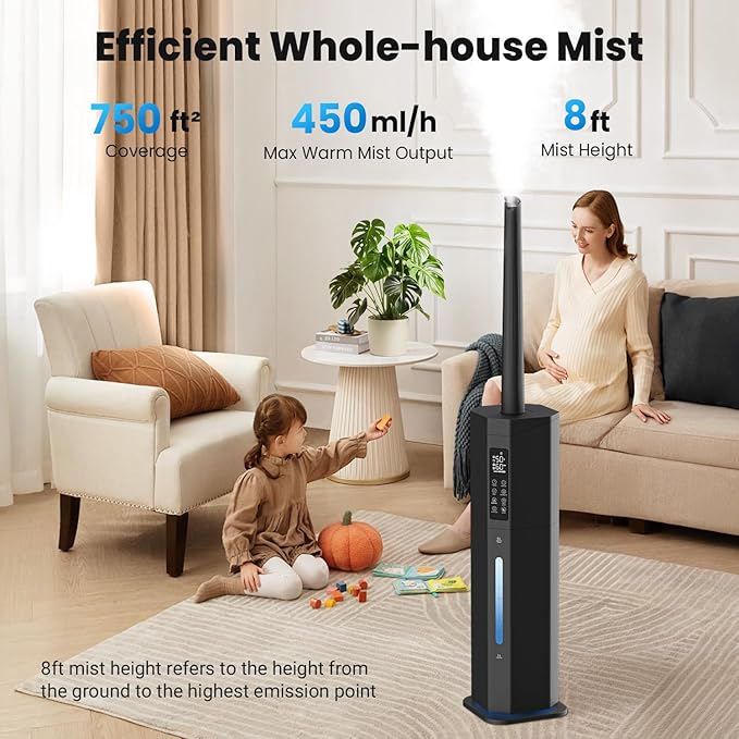 Humidifiers for Bedroom - GloryAir 2.38Gal/9L Top Fill Warm & Cool Mist Humidifier for Large Room 750ft² with Auto Mode 7-Color Light, Humidistat, Quiet Humidifier for Plants Baby Adults Home & Office