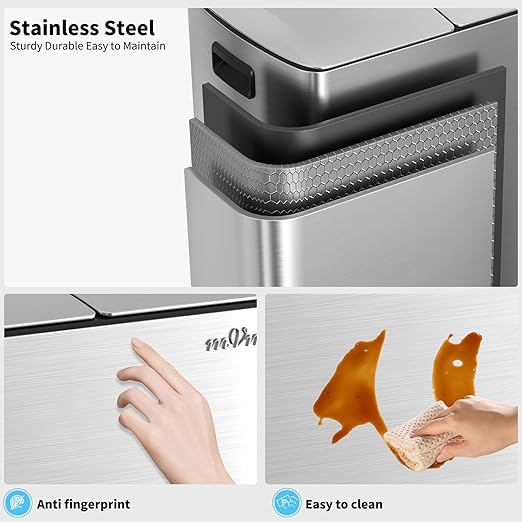 mVm Dual Trash Can, 16 Gal (2x8Gal) Kitchen Trash Can with Soft-Close Lid, Brushed Stainless Steel Recycling Bin for Home Office, Anti-Fingerprint (Silver)