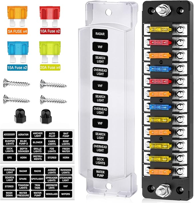 Nilight 12 Way Fuse Block with Negative Bus 12V Blade Holder ATC/ATO Standard Box Label Stickers Waterproof Cover Panel for Automotive Cars Trucks RVs Campers Vans
