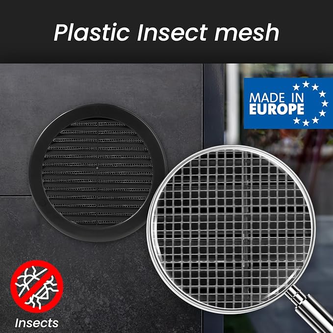 Repa Market 6 Inch (Opening) Black Round Air Vent Cover - Pack of 5 Plastic Fresh Air Intake Vent - AC Cover with Nylon Mesh Screen - Wall, Ceiling HVAC Return Air Register - Modern Soffit Vents