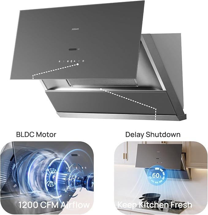 ROBAM Under Cabinet or Wall Mount Kitchen Range Hood 30" R-Max3 Grey, 1200CFM Auto-Adjust Speed Control with LED Lights Vent Hood, Fingerprint Resistance and R-Link Tech