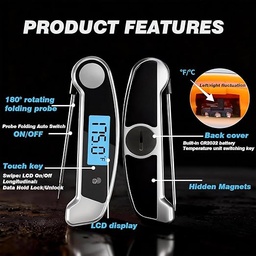 Meat Thermometer Digital Waterproof Instant Read Thermometer for Cooking ℃/℉ Convertible, Food Thermometer with Backlight, Cooking Thermometer for Kitchen Auto-Rotating Display Grey