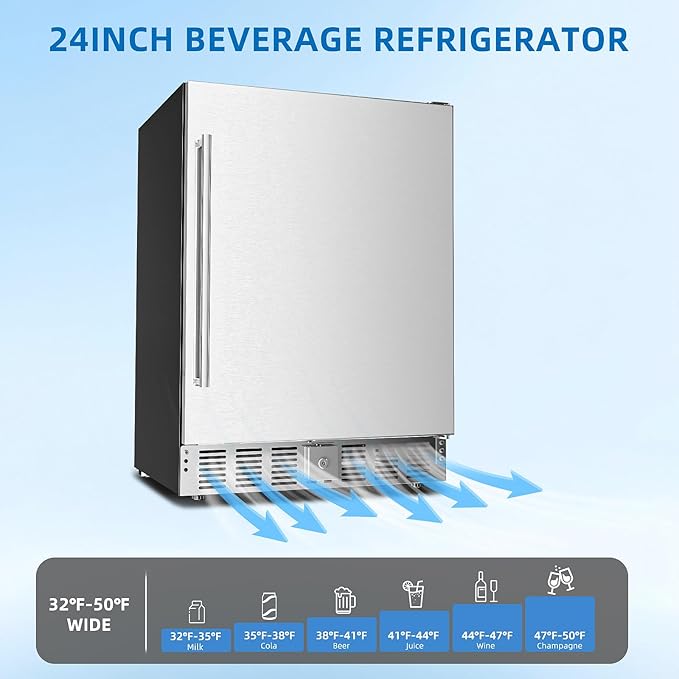 Antarctic Star Outdoor Beverage Refrigerator 24 Inch Wide,Stainless Steel Mini Fridge 180 Can for Undercounter Built-in or Freestanding, Wine Cooler for Home and Patio,Fast Cooling, Low Noise, 32-50°F
