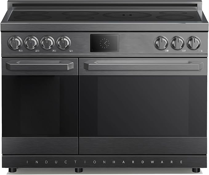 48 Inch Professional Induction Range with Double Convection Ovens, Air Fry, 7 Burner Electric Stove, Pizza Stone - Black Stainless Steel