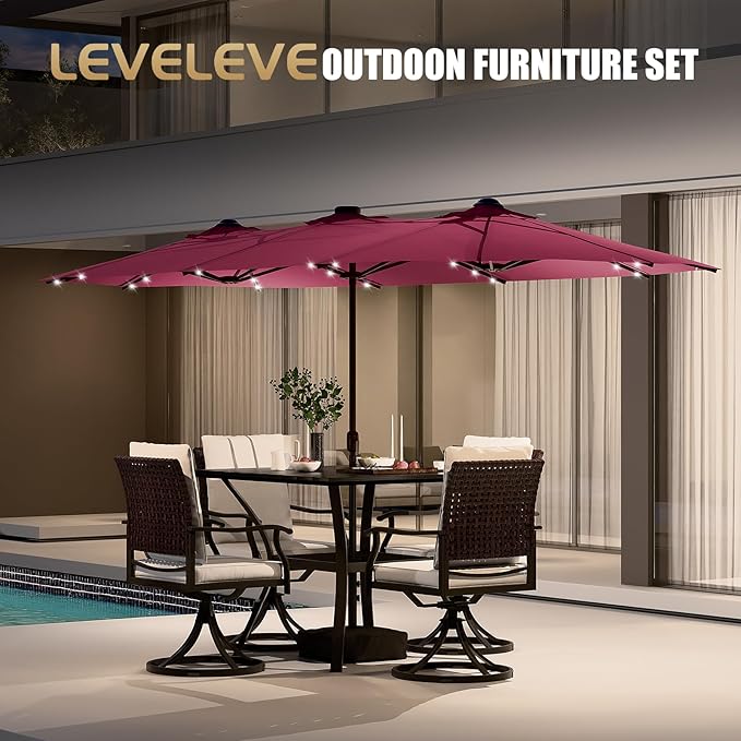 LEVELEVE 15FT Large Patio Umbrella with Base & Solar LED Lights - Double-Sided,Red