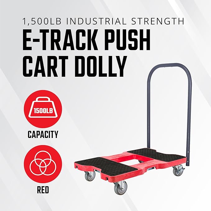 SNAP-LOC, Heavy Duty Push Cart Moving Dolly 4 Wheels, 1,500 lb with Push Bars, 4 Inch Casters, Dollies for Moving Cargo, E Strap Attachment Included, Red