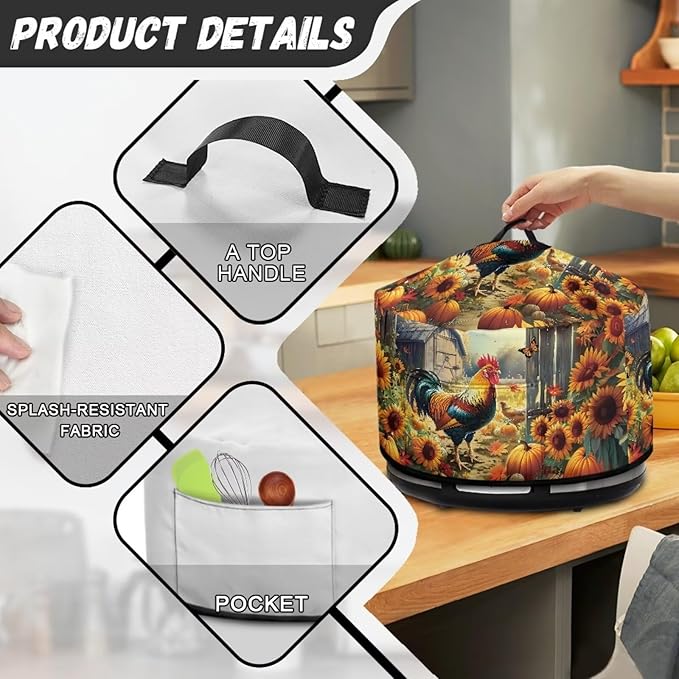 Rooster Sunflower Pumpkin Print Slow Cooker Dust Cover Compatible with 6/7/8 Quart Slow Cooker Dust Proof Electric Slow Cooker Cover with Storage Pocket for Crock Pot Accessories