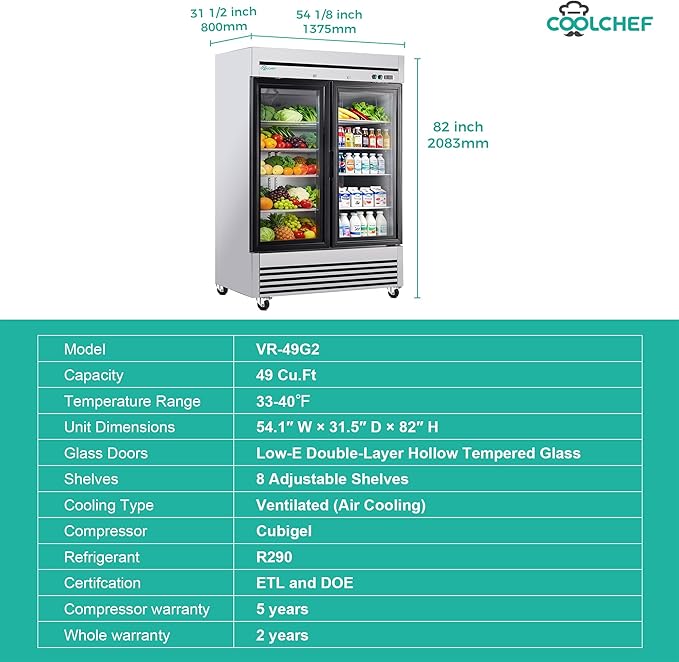 54" Commercial Glass Door Refrigerator, 49 Cu.Ft Double-Door Reach-In Cooler, 33–40℉, Double-Layer Low-E Glass, 8 Shelves, R290