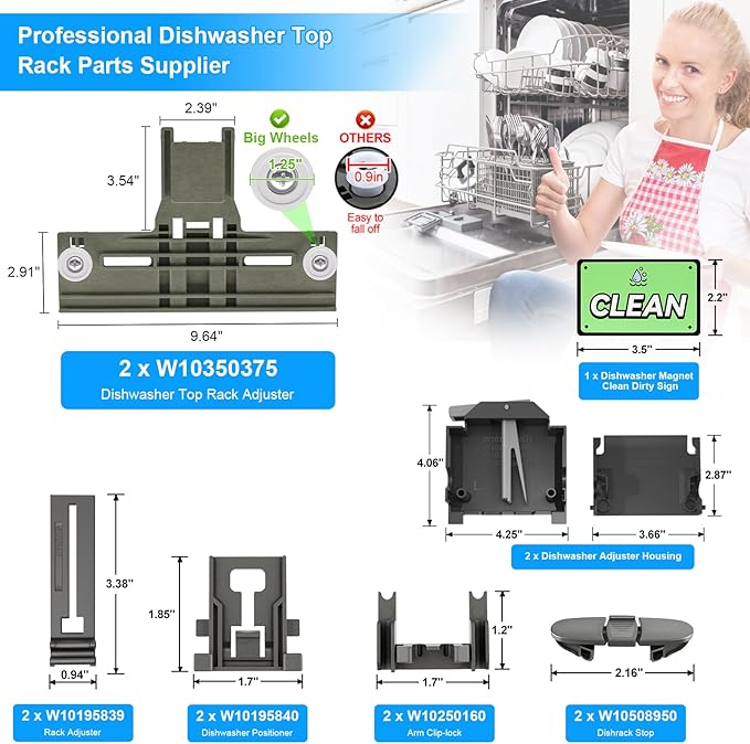 [13 Pack] Upgraded W10350375 Dishwasher Top Rack Parts and W10195372 W10195373 Adjuster Housing for Whirlpool Kenmore Dishwasher Parts WDT730PAHZ0 WDTA50SAHZ0 WDT750SAHZ0 WDT970SAHZ0 Upper Rack Parts