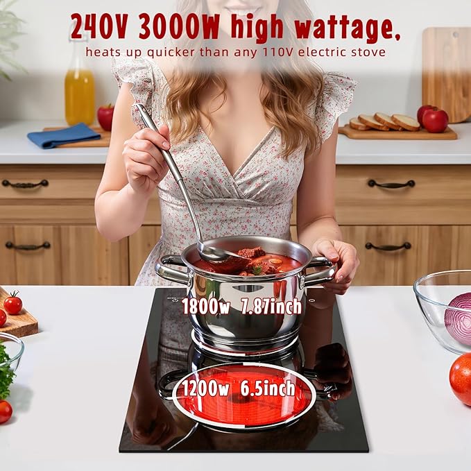 2 Burner Electric Cooktop with Hardwire 12 Inch, 240V Built in 3000W Ceramic Cooktop, Double Burner Electric Stove, Touch Control, Safety Lock, 9 Heating Levels, 99Mins Timer, Overheat Protection