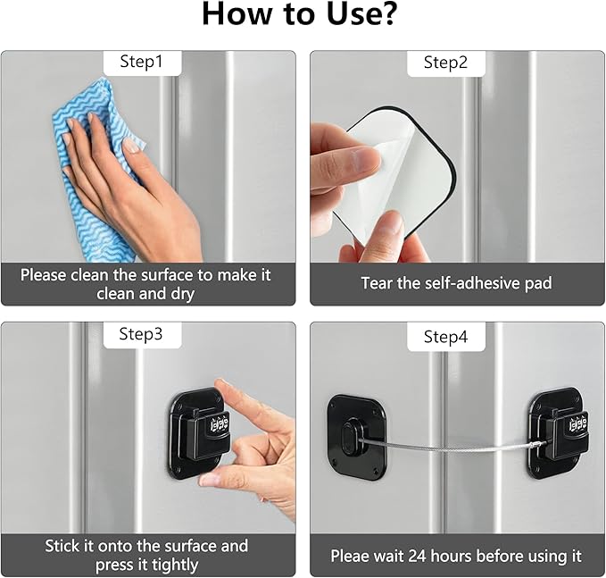 Refrigerator Lock, Heavy Duty Fridge Lock, Combination Lock for Refrigerator Cabinets, Drawers, Safety Lock, Easy Install No Keys Needed (Black-4Pack)