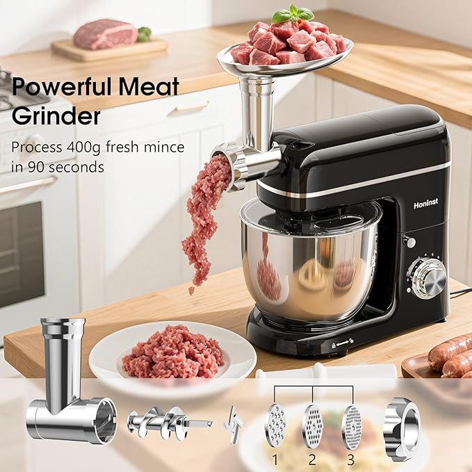Stand Mixer, 7-IN-1 6.5QT 660W Multifunctional Electric Kitchen Mixers with Blender, Meat Grinder, Dough Hook, Whisk and Beater, 8-Speed Food Mixer for Baking, Cooking, Food Processing, Black