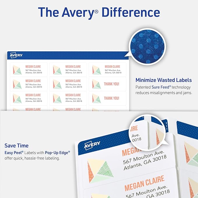 Avery Easy Peel Printable Address Labels with Sure Feed, 1" x 2-5/8" Customizable Stickers, White, 1,500 Blank Mailing Labels, Great for Mailing, Shipping, and More (08160) (Pack of 10)