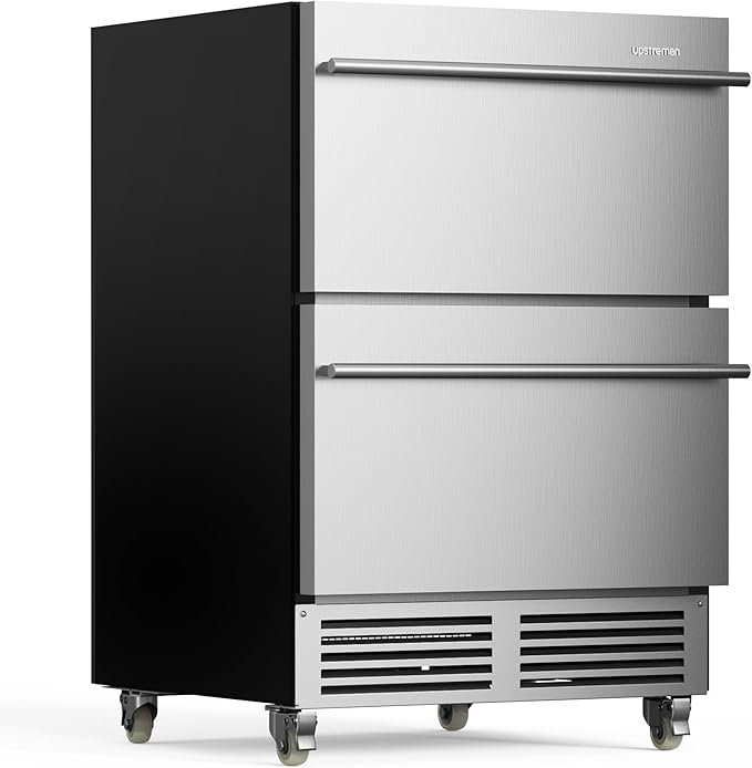 Upstreman 24 Inch Under Counter Double Drawer Refrigerator, Waterproof Stainless Steel Outdoor Refrigerator, Grid Organizers, LED Light, Built-in or Freestanding Beverage Fridge for Home/Patio -BR50D