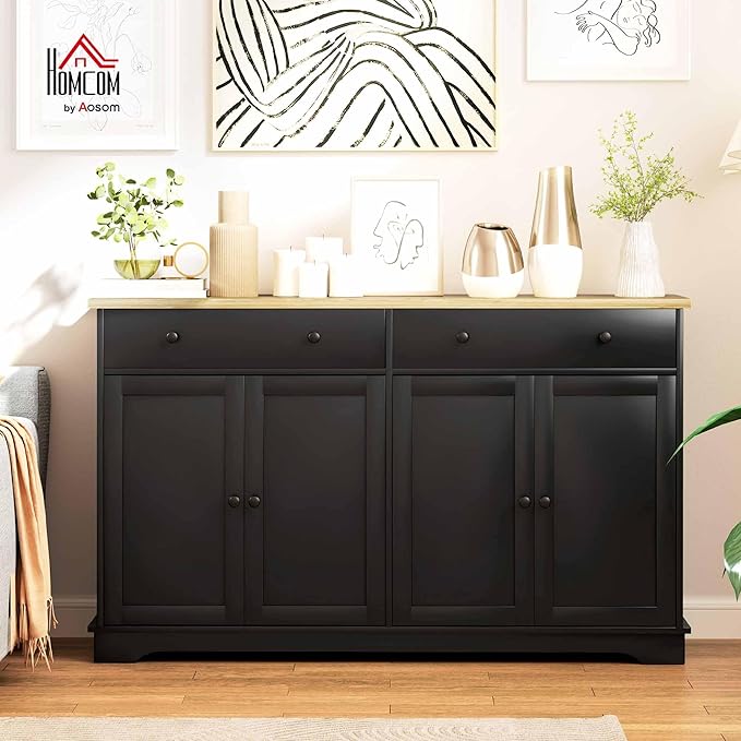 HOMCOM Sideboard Buffet Cabinet with Storage, 55" Modern Kitchen Cabinet with 4 Doors, 2 Drawers and 2 Adjustable Shelves, Coffee Bar Cabinet, Black
