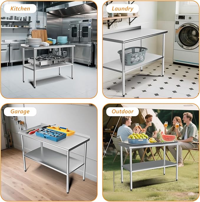 ROVSUN 60'' x 24'' Stainless Steel Table for Prep & Work,Commercial Worktables & Workstations, NSF Heavy Duty Metal Table with Adjustable UnderShelf & Backsplash for Kitchen,Restaurant,Home,Hotel