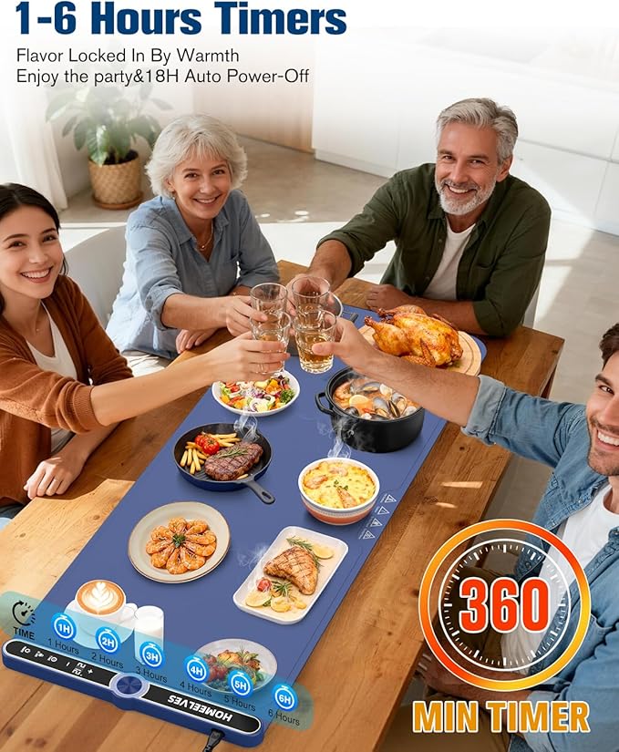 Warming Mat for Food Extra Large 39.4”X15”, 8S Rapid Heating Electric Warming Tray with 9 Temp Setting and 6H Timer, Food Warming Pad, Portable Food Warmers for Parties Buffet, Blue