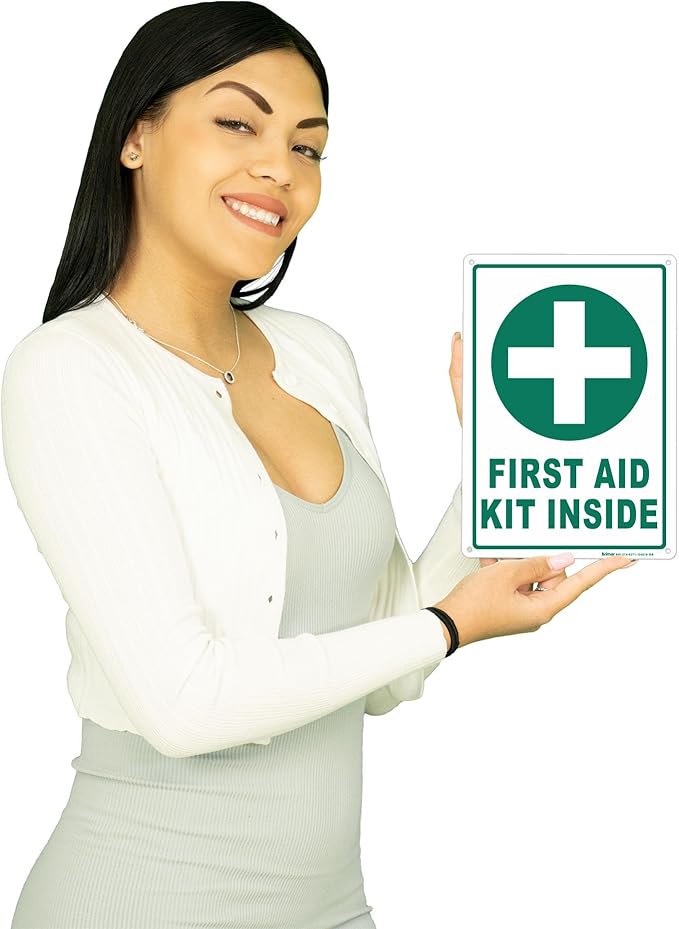 Brimar - 7" x 10" - First Aid Kit Inside Sign - Polyethylene Plastic - Bold Text And Symbol - Easy Installation