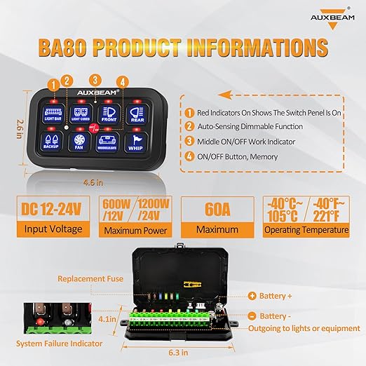 Auxbeam 8 Gang Switch Panel BA80, Universal Circuit Control Relay System Box with Automatic Dimmable On-Off LED Switch Pod Touch Switch Box for Car Pickup Truck Boat UTV ATV, Blue 2 Years Warranty