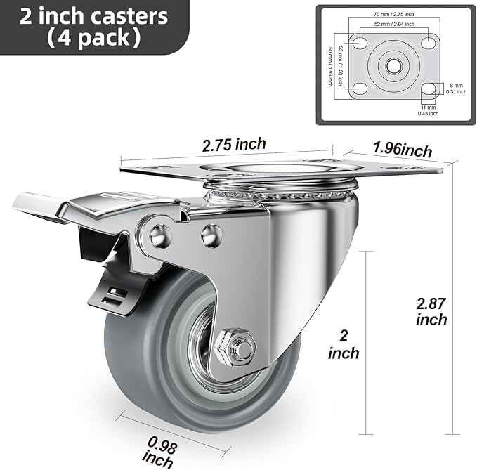 2 inch Caster Wheels, Casters Set of 4 Heavy Duty Locking Castors, Swivel Casters with Brake (Top Plate), Non Marking Grey TPR Castor Wheels for Cart Furniture Workbench