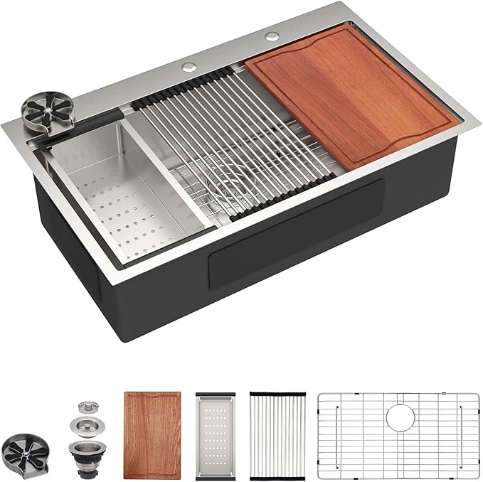 Dcolora 36 In. Workstation Kitchen Sink with Cup Washer, Drop In Luxury Extra Large Single Bowl for Big Kitchen, 304 Stainless Steel Heavy Duty 16 Gauge, 5 In 1 Valued Accessories #DC-TW258008S