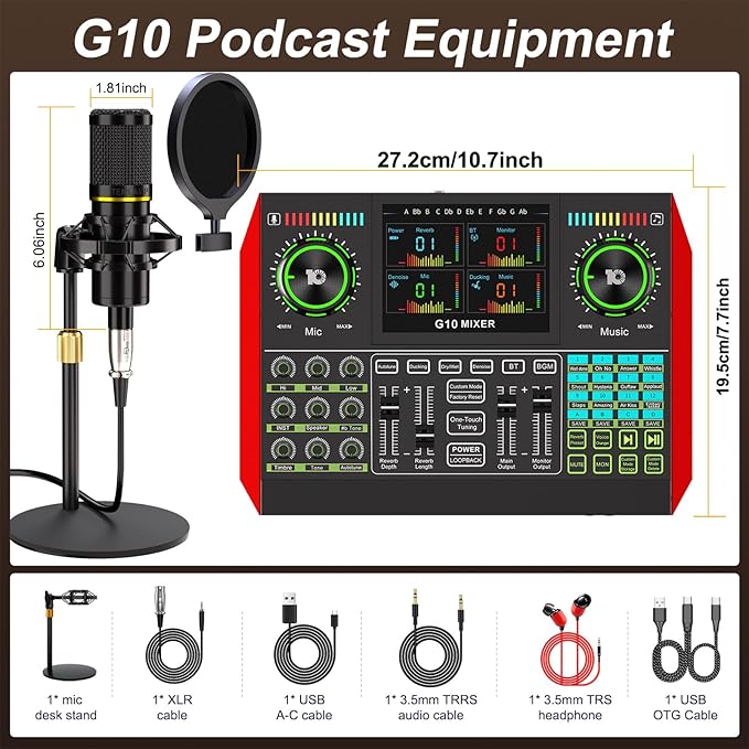 Podcast Microphone Bundle with Live Sound Card Audio Mixer, Podcast Equipment Bundle with 3.5mm Condenser Microphone for Pc/Phone Live Streaming Singing Gaming, Sound Board with Voice Changer, Denoise