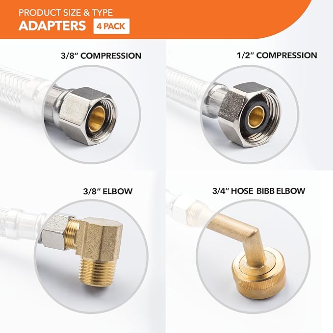 Universal Dishwasher Installation Kit, 3/8" Compression, 6ft long Braided Stainless Steel Hose + 3/4" Hose Bibb Elbow + 3/8" Compression Elbow & Compression Adaptor + 1/2" Compression Adaptor