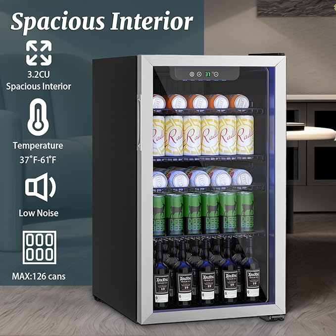 3.2 Cu.ft Beverage Refrigerator Cooler, 126 Can Mini Fridge with Glass Reversible Door, Digital Temperature Display for Soda, Beer or Wine For Office Bar with Adjustable Removable Shelves