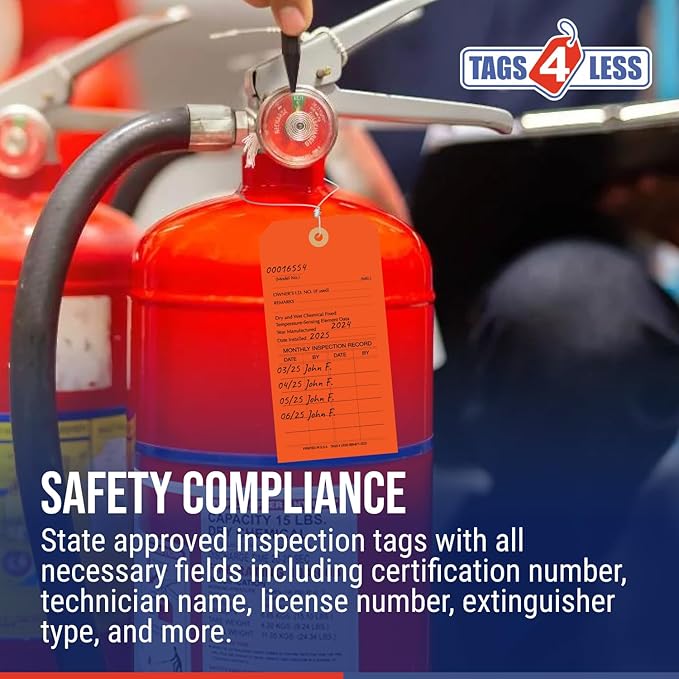 Tags 4 Less Custom Fire Extinguisher Tags – Preventative Maintenance Labels for Monthly Inspections, Alternative to Safety Sticker for Easy Record-Keeping – Pack of 100 (Orange, Cardboard)