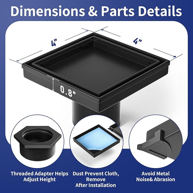 Square Shower Drain 4", Matte Black Floor Drain with Tiled Insert Grate & Hair Strainer, 304 Stainless Steel Bathroom 2-in-1 Tiled in Drain, CUPC Certified (Matte Black, 4'')