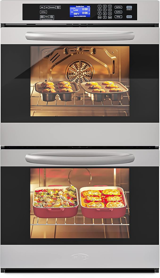 KoolMore 30-Inch Electric Double Wall Oven with Quiet, Rapid Convection Cooking, 7 Cook and Baking Modes, Dual Large Capacity Ovens, Stainless-Steel Unit, Self-Cleaning (KM-WO30D-SS)