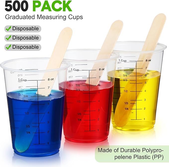 Yunsailing 500 Pack Disposable Measuring Cups for Resin 8 oz Clear Plastic Epoxy Reusable Liquid Mixing Cups for Cooking and Baking Supplies