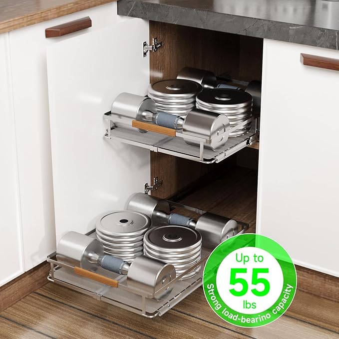 Expandable Pull Out Drawers for Cabinets, Kitchen Cabinet Slide Out Shelves, Adjustable Roll Out Drawers, Stainless Steel, Large 2 Pack, (14.5"-25.5") Cabinet Width x 22.7" Depth