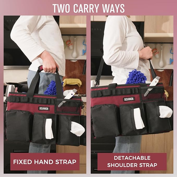 Wearable Cleaning Caddy Bag, Cleaning Caddy Supplies Organizer with Handle & Shoulder Straps for Housekeepers, Under Sink & Car Cleaning Tool Organizers with 4 Foldable Divider (Magenta)