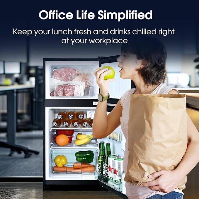 3.2 Cu.Ft Fridge with Freezer with 2 Doors, Refrigerator with 7 Level Temperatures, LED Light, Adjustable Shelves, Food Storage Cooling Drink for Bedroom, Office, Dorm, Apartment, Silver