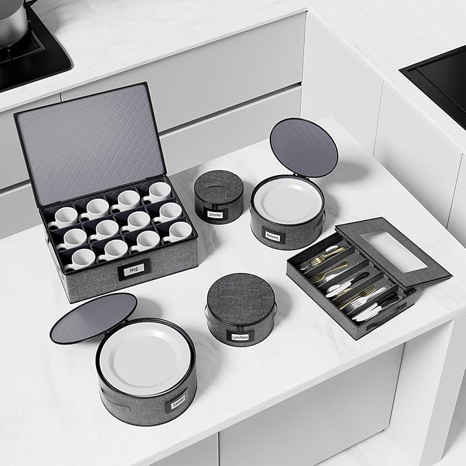 Aokeyee 6-Piece China Storage Containers Set, Hard Shell Moving Boxes for Dishes, Plates, Mugs & Flatware – Dinnerware Organizer with Soft Dividers, Sturdy Handles & Zippers, Grey
