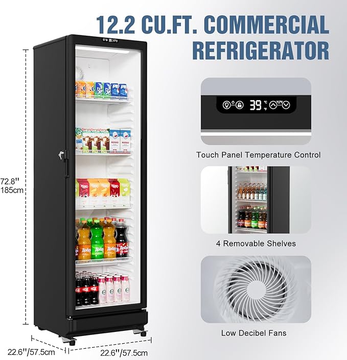 BEYOU Commercial Refrigerators, 12.2 cu. Ft Display Fridge with Double-Tempered Glass Door Door,Merchandiser for Living Room, Bar, Garage（Black）