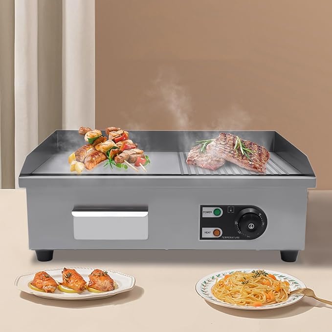 22" Electric Countertop Flat Top Griddle, 1600W Commercial Electric Griddle, Stainless Steel Teppanyaki Grill with Temp Control 122°F-572°F, Countertop BBQ Grill for Home Restaurant