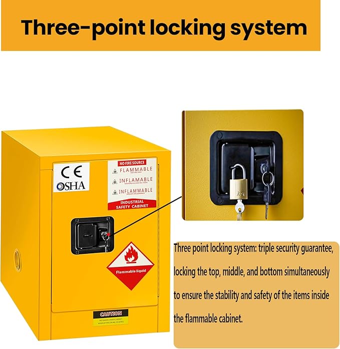 32 Gallon Flammable Liquid Storage Cabinet Fireproof Metal Cabinet with 3 Point Lock, Adjustable Shelves for Industrial, Scientific, Warehouse Use Yellow