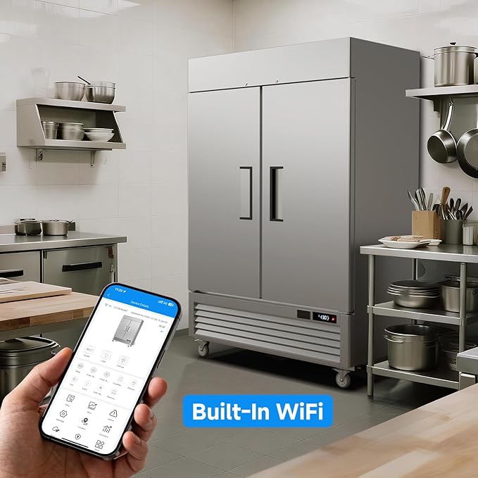 VEECOOL 54.4" W Commercial Refrigerators WiFi-Enabled, 49 cu.ft. Stainless Steel Reach in Fridge with 8 Shelves, APP & Digital Control, LED Lighting for Restaurant, Bar, Cafe, ETL&ETL Sanitation