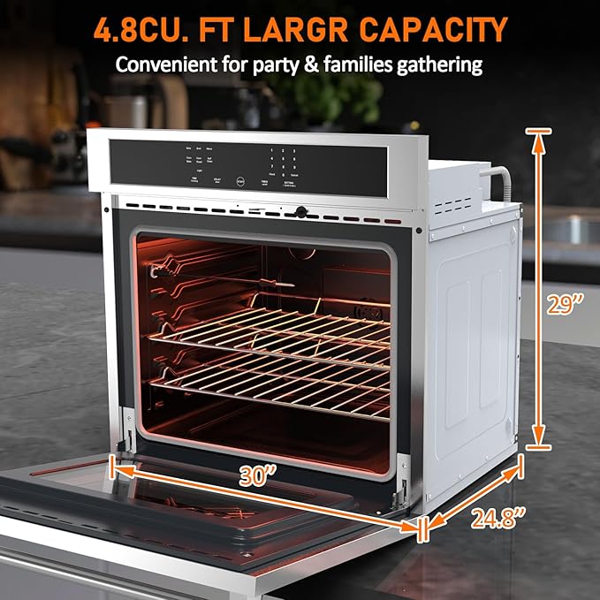 30 Inch Built-in Electric Single Wall Oven,2.5Cu ft, Stainless Steel Convection Oven with 8 Cooking Functions, Touch Control, Timer, Convection Fan and Safety Lock, 3800W, Silvery