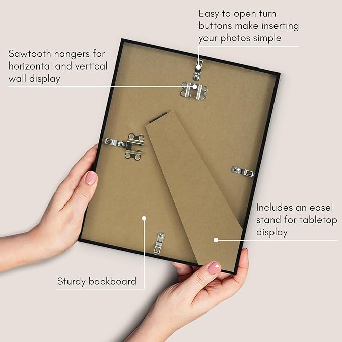 Americanflat 8.5x11 Picture Frame with Shatter-Resistant Glass - Streamline Collection - Thin Border Photo Frame for Tabletop and Wall Display - Hanging Hardware and Easel Stand Included - Black