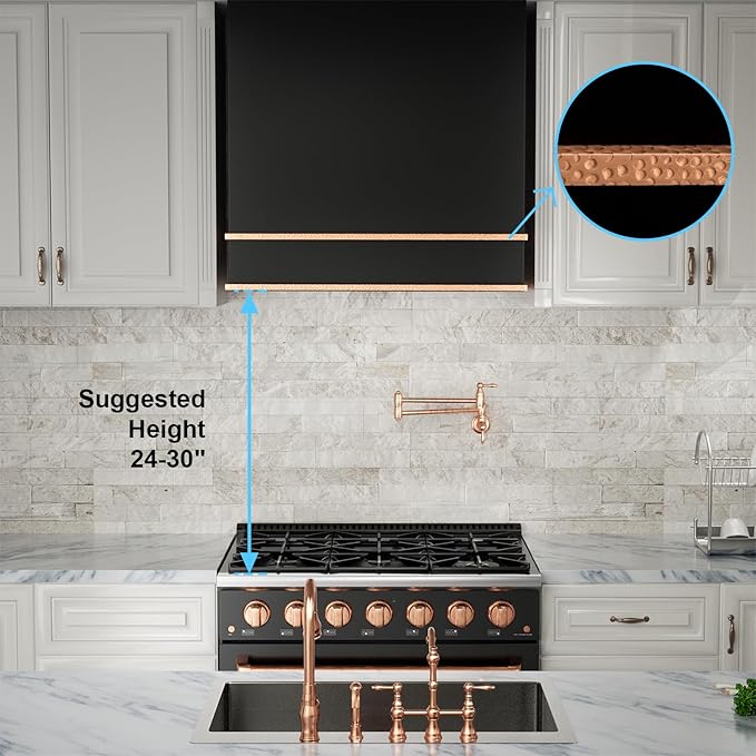 Akicon Range Hood 36 Inch, Stainless Steel Ducted Kitchen Hood with Powerful Motor, Wall Mount Modern Box, 36W X 30H X 14D Inch, AK-HS36HA-JBC (Jet Black with Copper)
