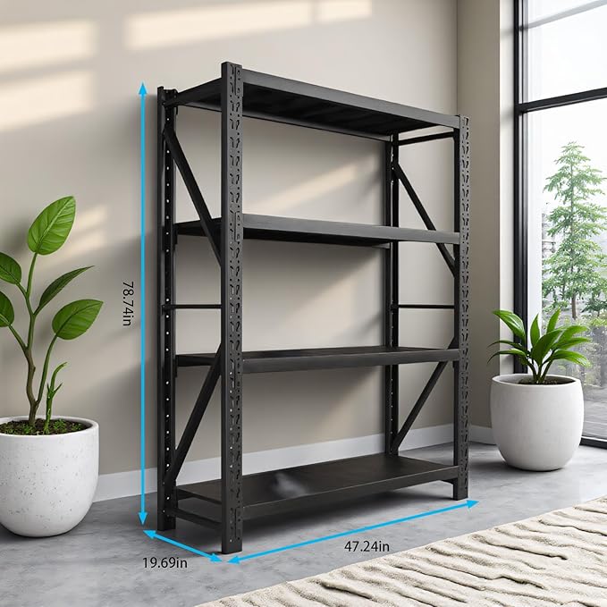 Storage Shelves Heavy Duty, Metal Garage Shelving Units, 4 Tier Storage Rack Shelf, Steel Industrial Shelving, Adjustable Standing Shelf for Basement/Warehouse (Black, W47.24*D19.69*H78.74)