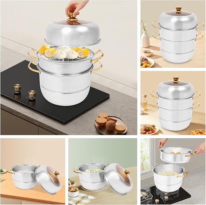 Steamer 32cm/12.6in, 3-tier Stainless Steel Steam Cooker w/Visual Lid & Golden Handles, Home Round Stackable Multipurpose Steam Pot for All Stoves (1xBottom Pot, 1xSteaming Basket, 2xSteaming Slices)