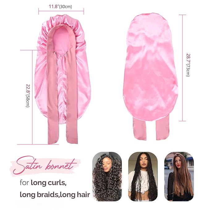 YANIBEST Long Bonnet Satin Bonnet for Sleeping Braid Bonnet with Tie Band Silk Sleep Bonnet for Women Locs Pink